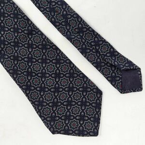 HARDY AMIES ENGLAND SILK TIE NAVY BLUE TAN BAROQUE GEOMETRIC SMOOTH 3.5" X 55"